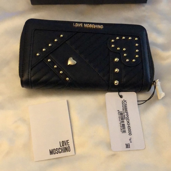 Love Moschino Portafogli Nero Black Faux Leather ZA Wallet Stud Accents NWT/Box - Picture 2 of 15